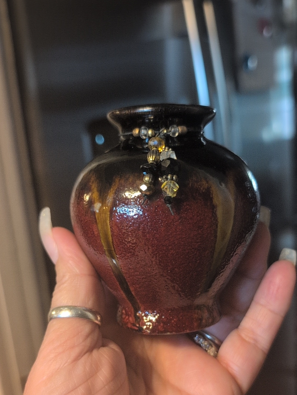 Kambria Handcrafted Red-Brown Ceramic , Gold Accent Drips Vase with Black Neck